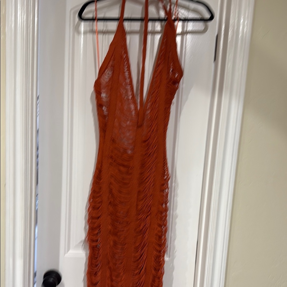 Rust Orange Ruched Halter Dress
